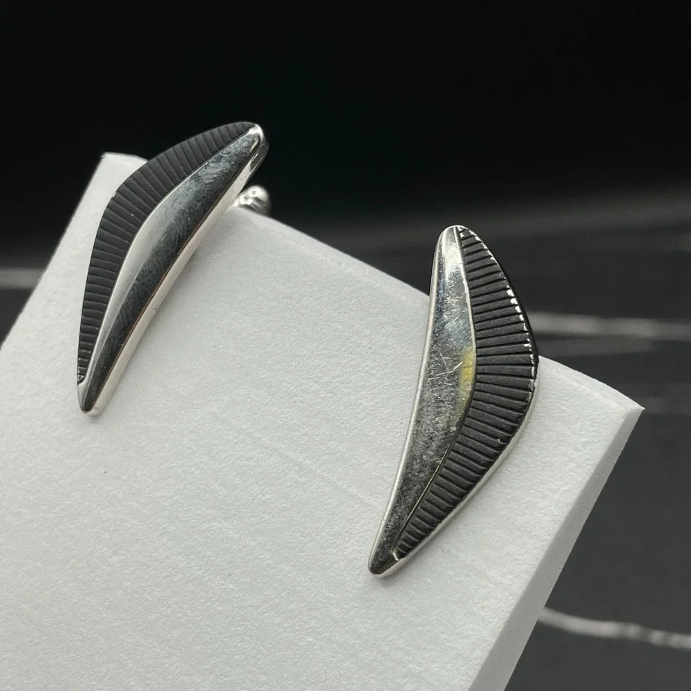 Vintage‎ Modernist Silver-Tone Crescent Men's Cufflinks with Black Accents